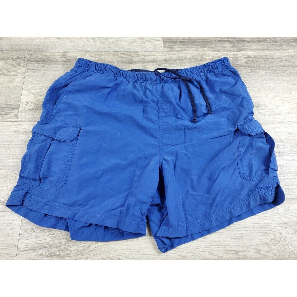 LL Bean Mens Nylon Swim Trunks Size L Blue Lined Pockets Drawstring Cargo 0xr42